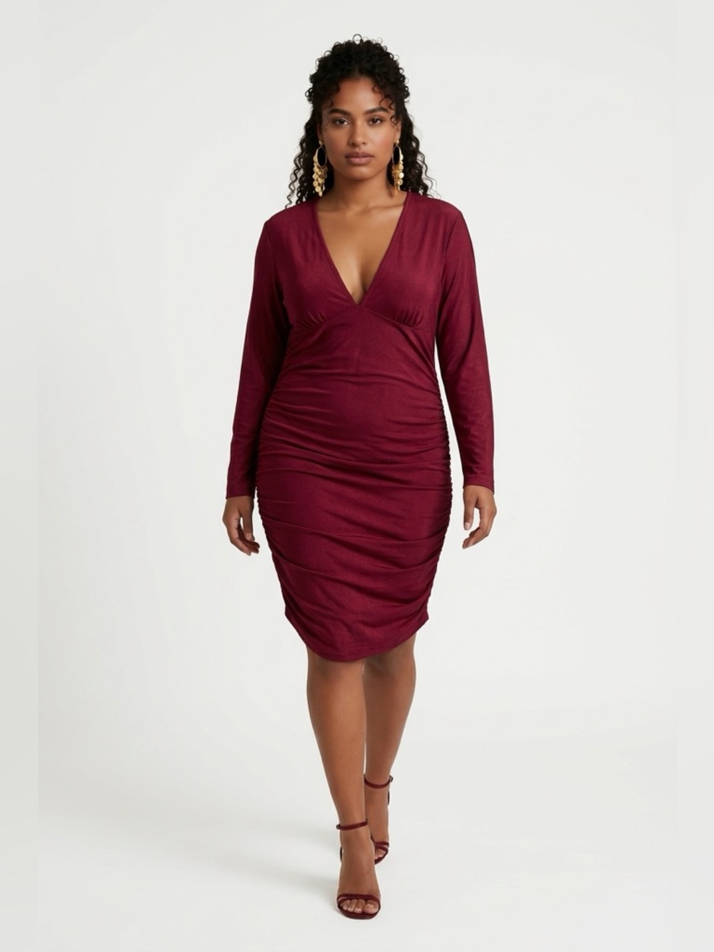 Women’s Plus Long Sleeve V-Neck Ruched Midi Dress Elastic Burgundy Size XXL
